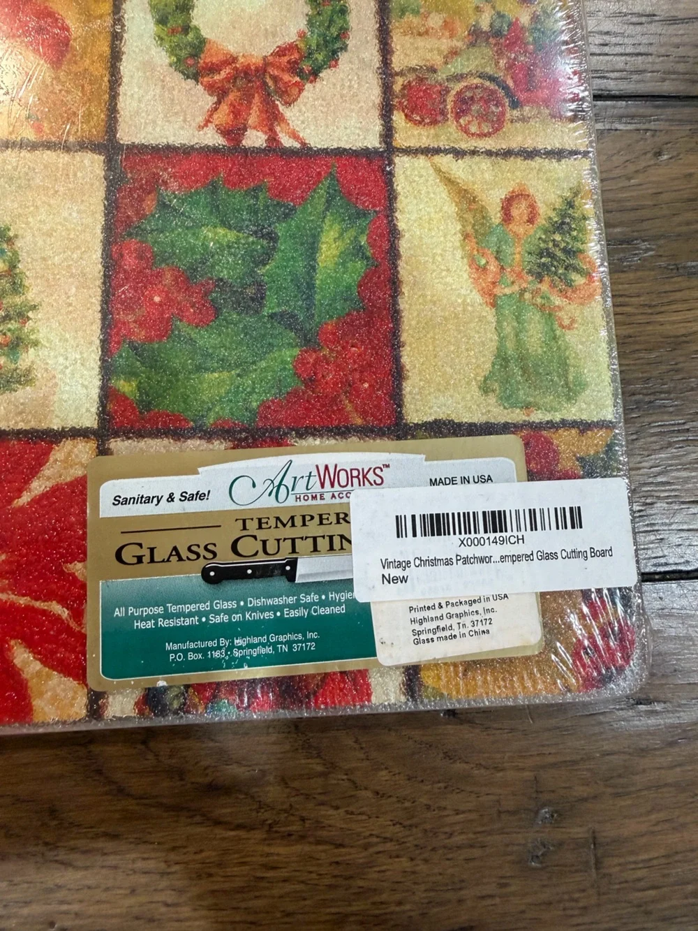 Holiday Glass Cutting Board - Red, Green & Cream Festive Patchwork